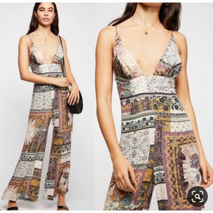 Free People Patchwork Boho Wide-Leg Jumpsuit in Mauve, Mustard, Cream